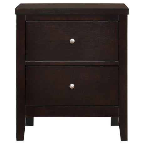 Side perspective of Carlton upholstered panel bed in cappuccino
