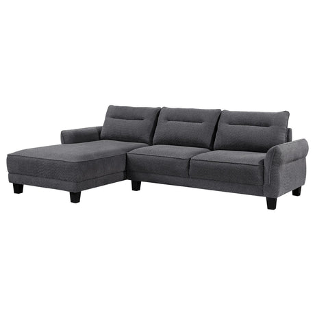 Main view of Caspian grey upholstered sectional sofa with curved arms