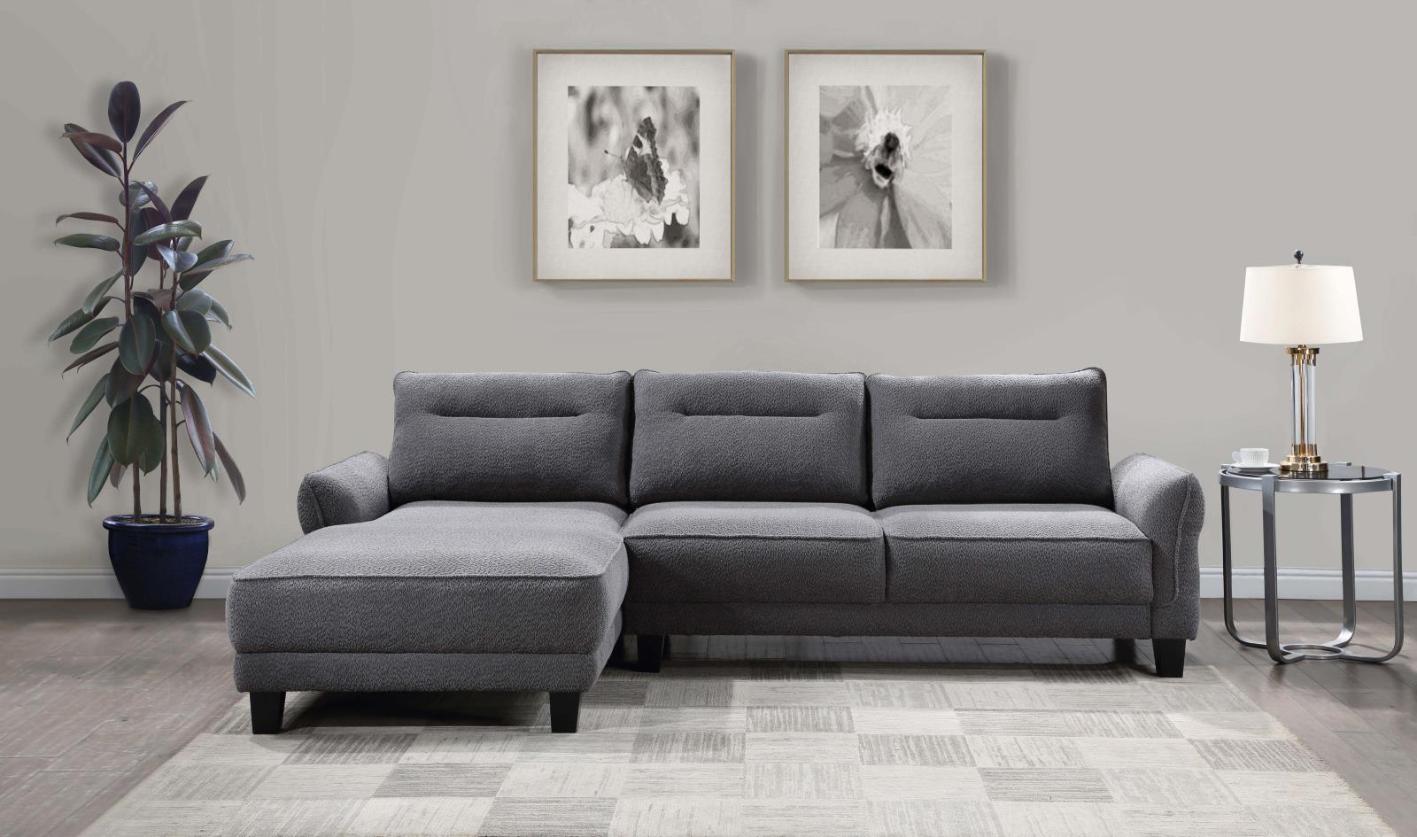 Side view of Caspian grey upholstered sectional sofa