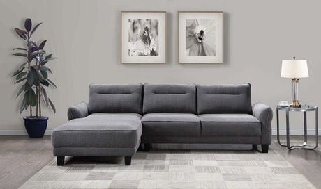 Side view of Caspian grey upholstered sectional sofa