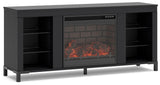 Living room setup with Cayberry TV stand and fireplace