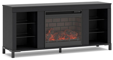 Living room setup with Cayberry TV stand and fireplace
