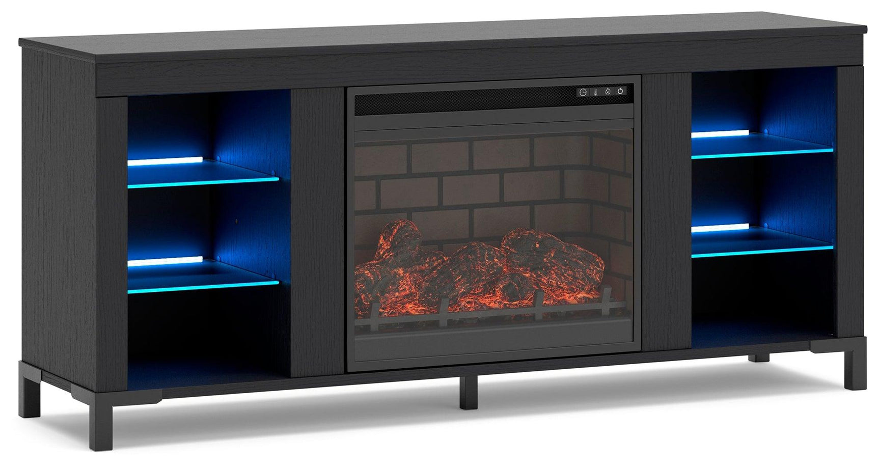 Living room angle showing black TV stand in modern decor