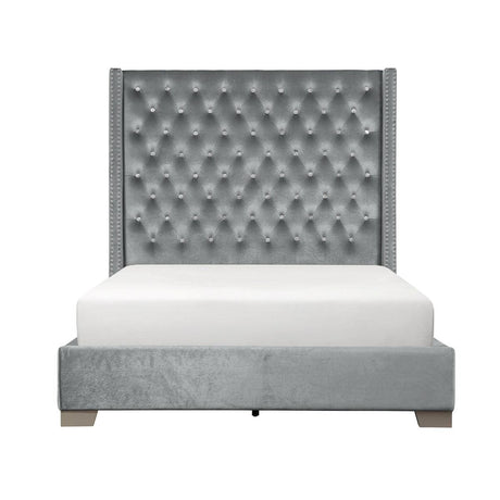 Jacklyn Gray tufted upholstered queen panel bed angle view