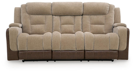 Mixed Motion Brownstone Chenille / Faux Leather Power Reclining Sofa — front view