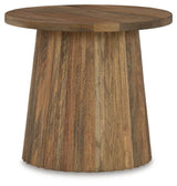 Round natural finish wood accent table with fluted base side view