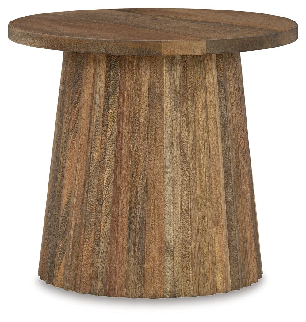 Round natural finish wood accent table with fluted base side view