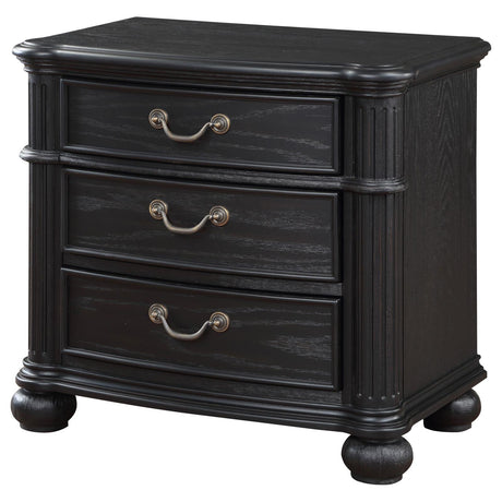 Side view of Celina black wood nightstand
