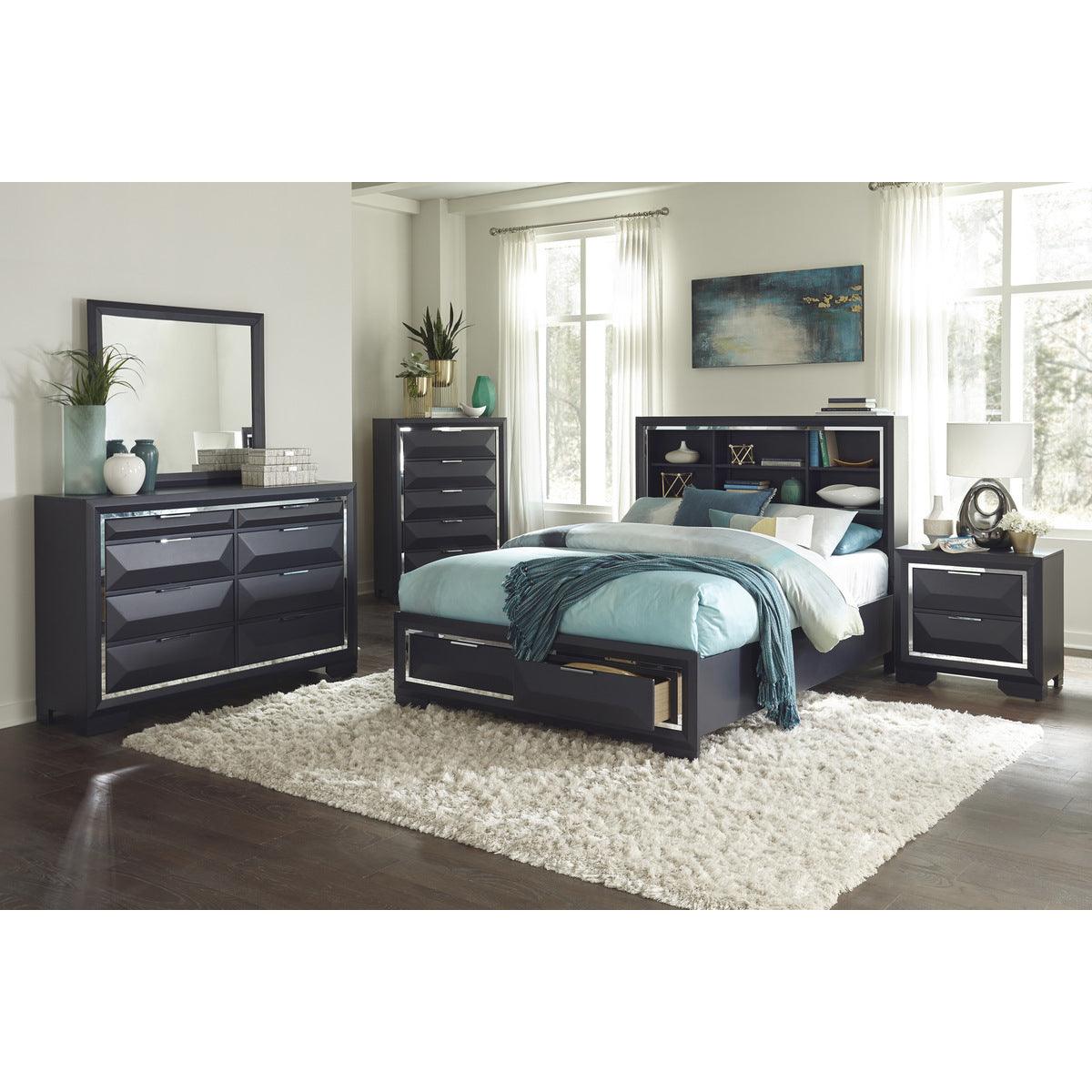 Midnight blue finish close-up on Rosemont King Platform Bed