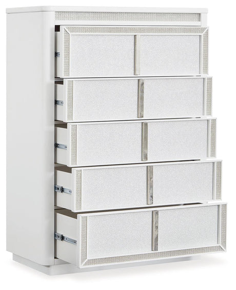 Side angle of Chalanna white chest highlighting vertical metal pulls
