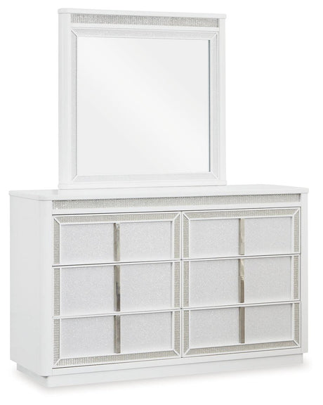 Close-up of rhinestone framed drawers on Chalanna white dresser