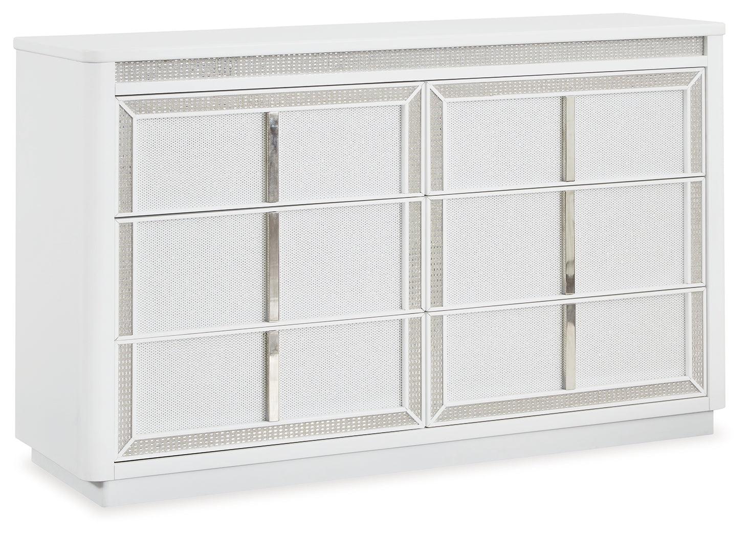 Close-up of Chalanna dresser drawer fronts with rhinestone frames and metal pulls
