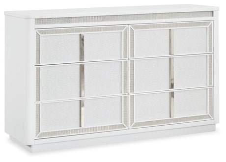 Close-up of Chalanna dresser drawer fronts with rhinestone frames and metal pulls
