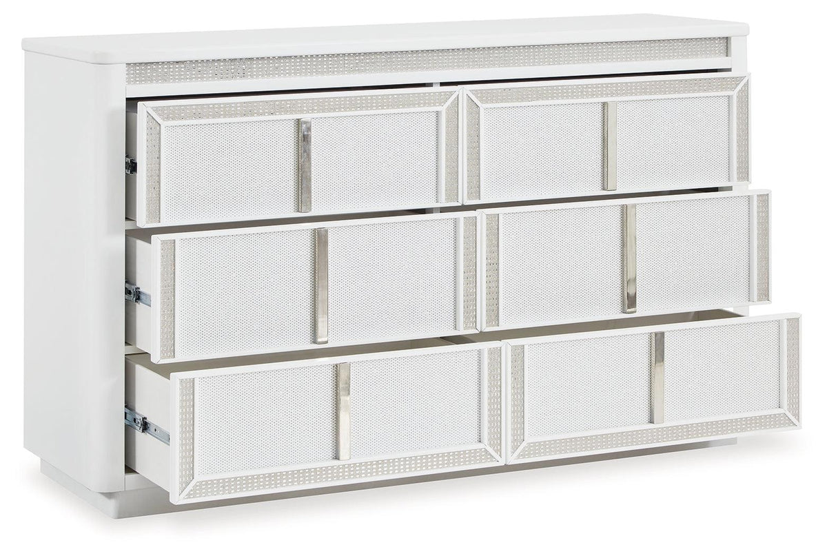 Side angle view of Chalanna White Dresser with white lacquer finish