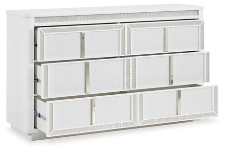 Side angle view of Chalanna White Dresser with white lacquer finish