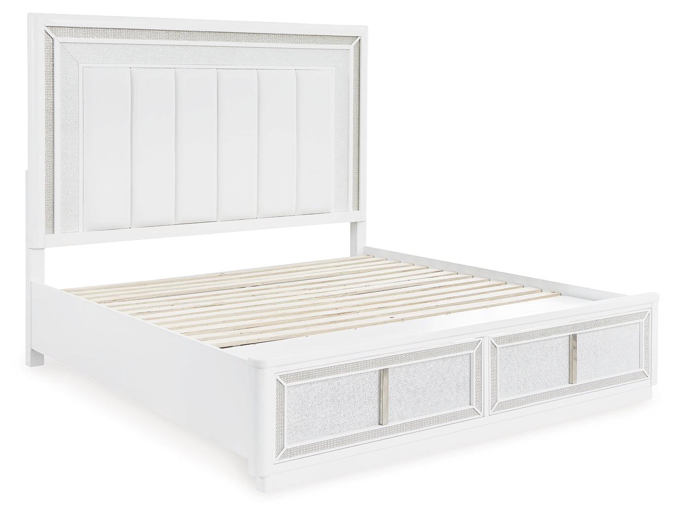 White King Upholstered Storage Bed footboard drawers open
