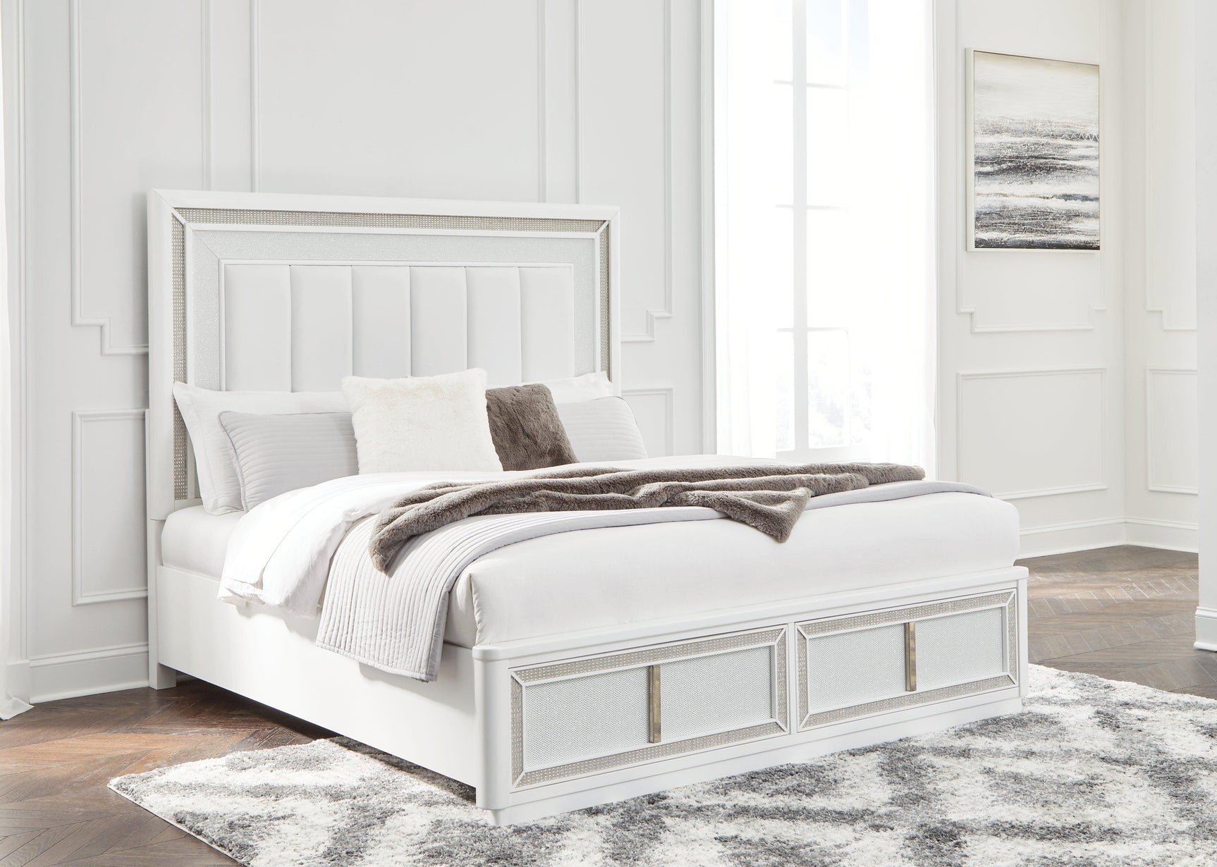 Side view of Chalanna White Upholstered Storage Bed