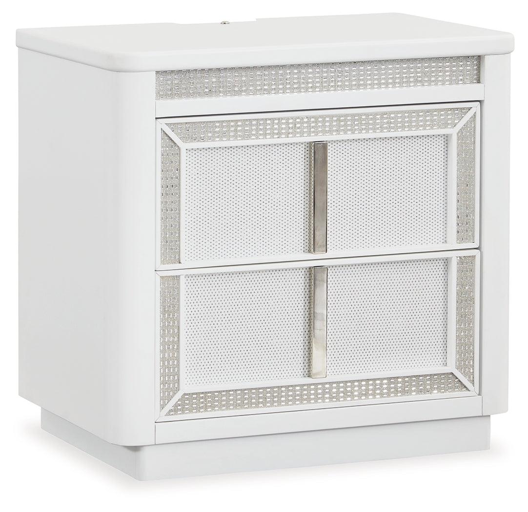 Side angle of Chalanna white lacquer finish nightstand with metal and rhinestone drawer pulls