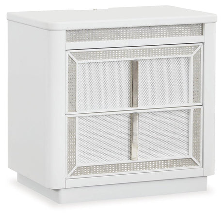 Side angle of Chalanna white lacquer finish nightstand with metal and rhinestone drawer pulls