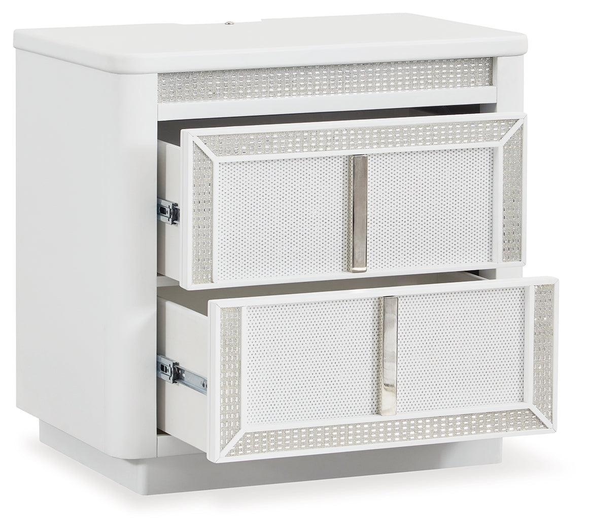 Close-up of rhinestone-framed drawer on Chalanna White Nightstand