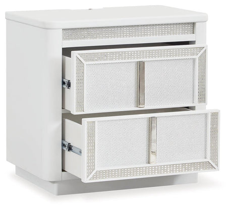 Close-up of rhinestone-framed drawer on Chalanna White Nightstand