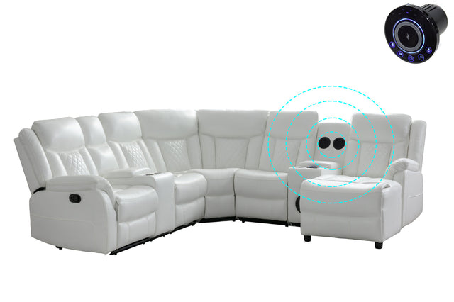 Champion white leather gel reclining sectional front angle