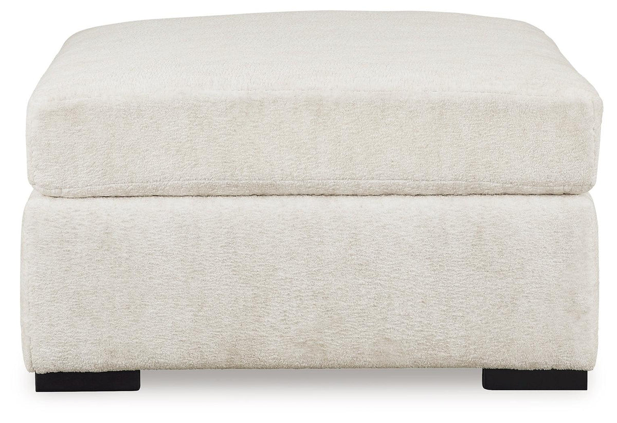 Close-up of ivory chenille upholstery on Chessington Ottoman
