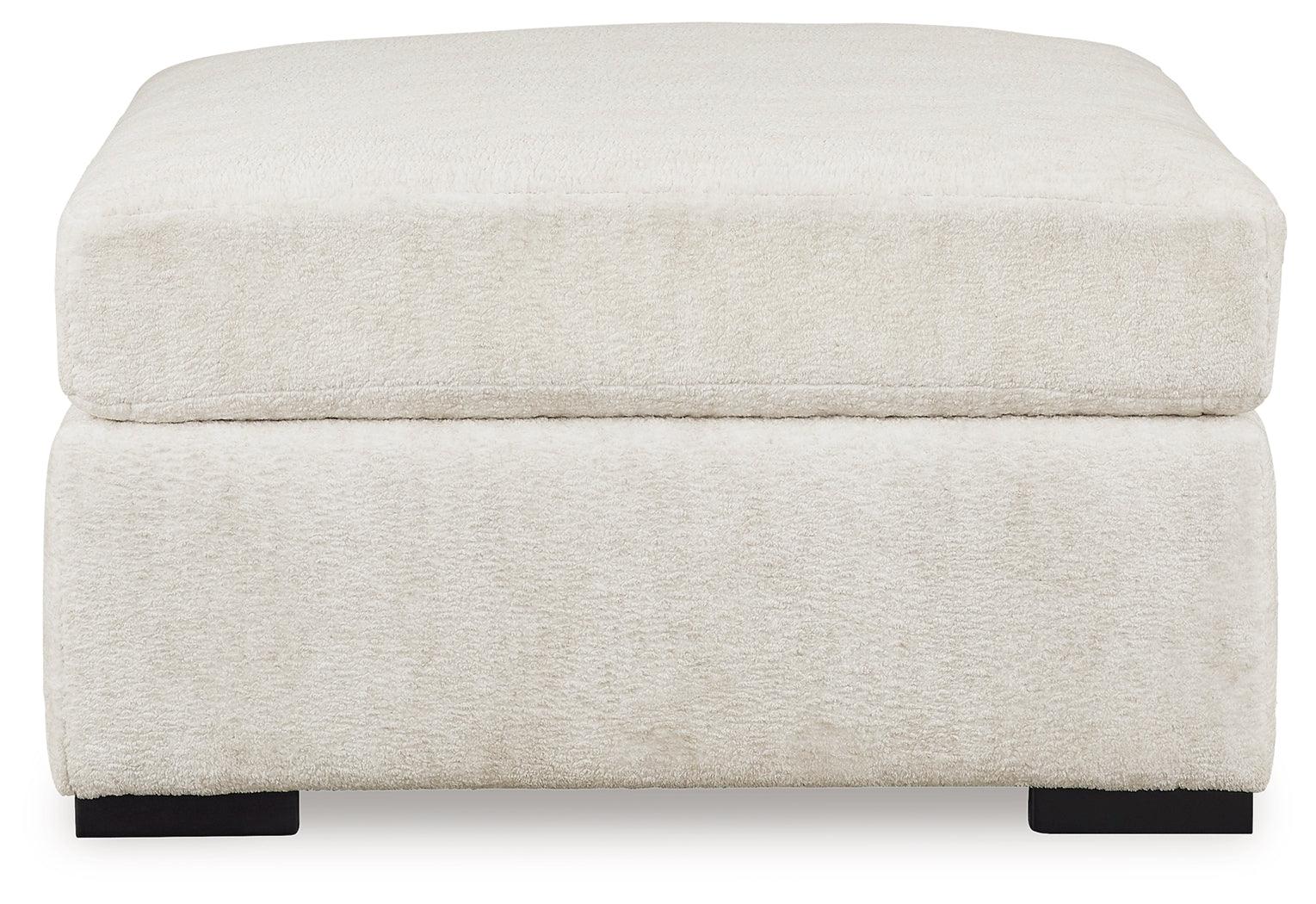 Close-up of ivory chenille upholstery on Chessington Ottoman