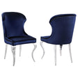 Front angle of Cheyanne Upholstered Wingback Side Chair in Ink Blue velvet with chrome cabriole legs