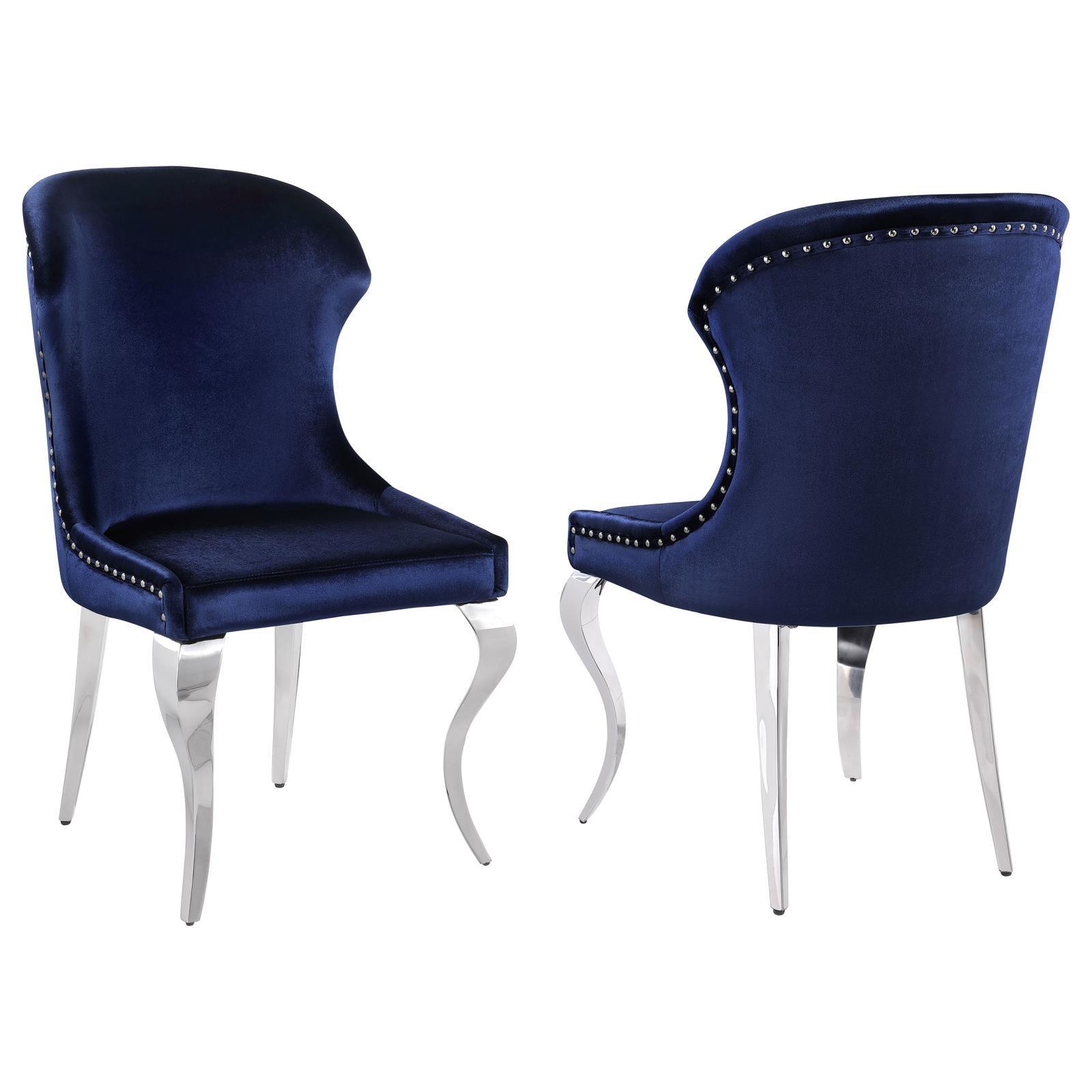Front angle of Cheyanne Upholstered Wingback Side Chair in Ink Blue velvet with chrome cabriole legs