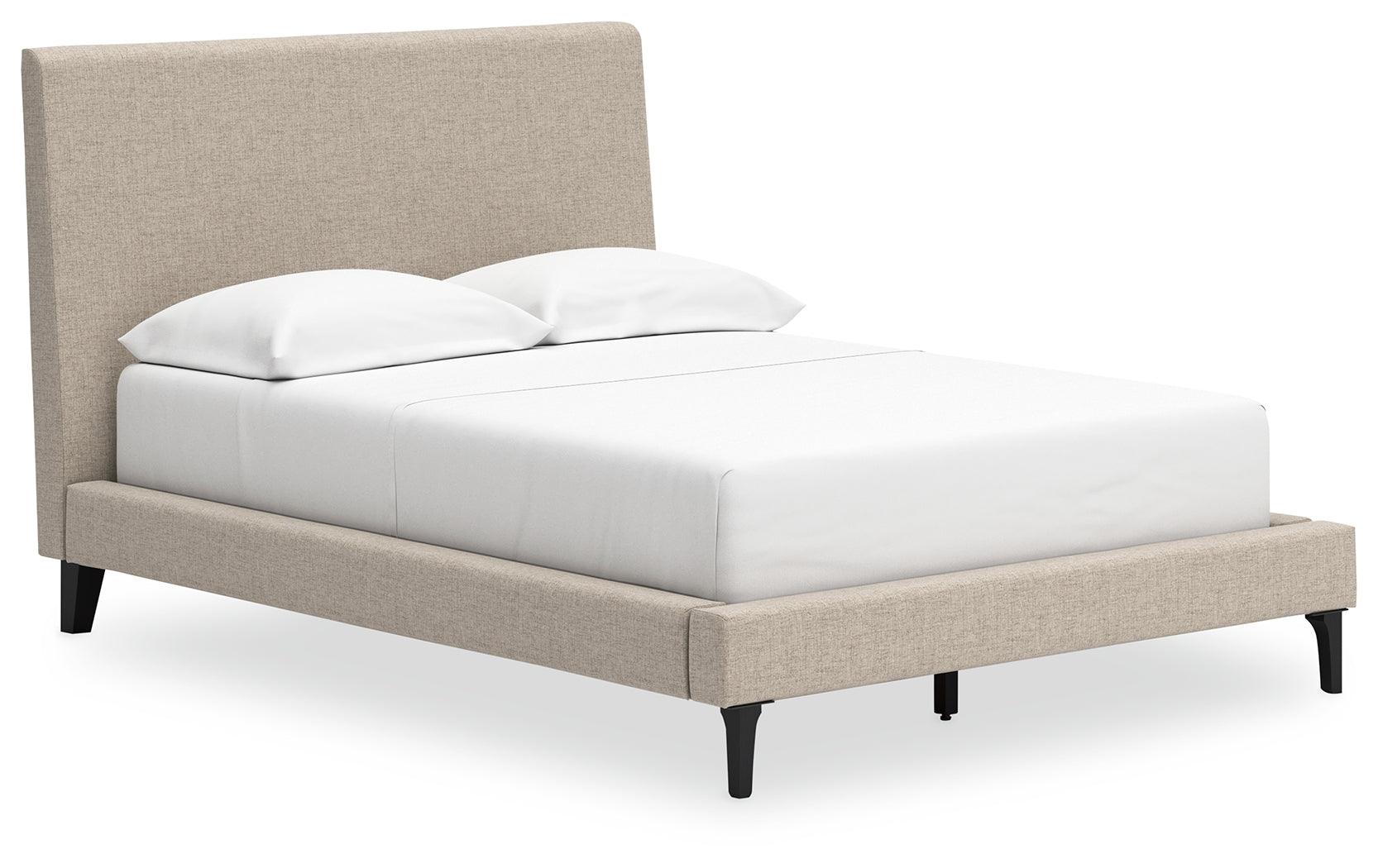 Cielden Full Upholstered Bed in Soft Gray with Roll Slats angled view