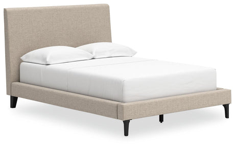 Cielden Full Upholstered Bed in Soft Gray with Roll Slats angled view