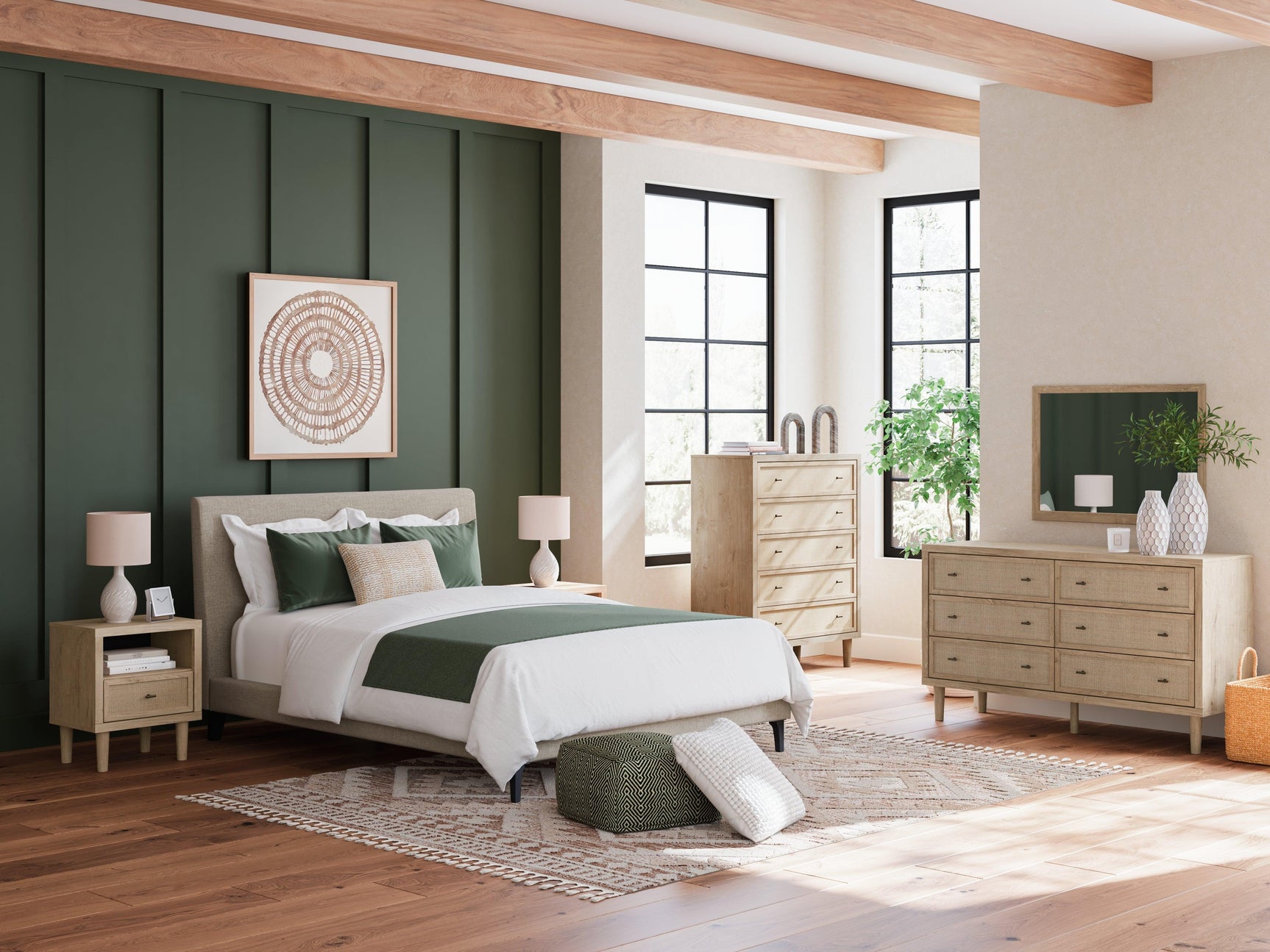 Cielden Soft Gray Queen Bed with bedding in natural light