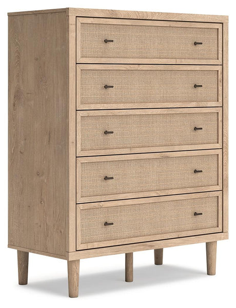 Side angle of Cielden contemporary chest of drawers with bronze-tone knobs