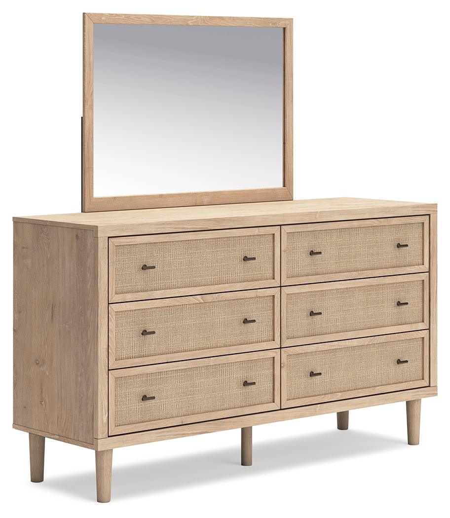 Side angle of Cielden dresser showing textured beige cane drawer fronts