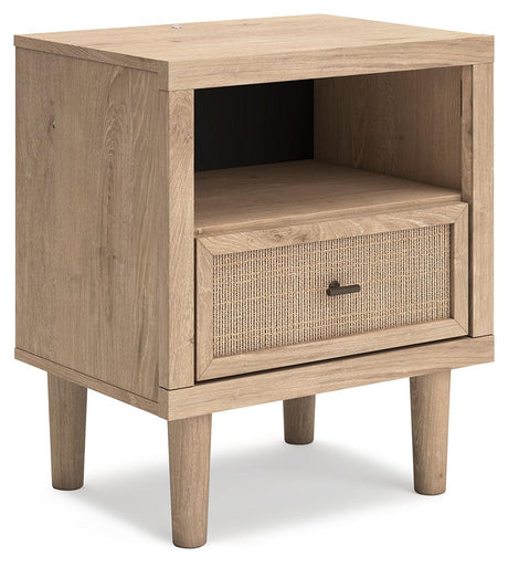 Side angle of Cielden Two-Tone Nightstand highlighting bronze-tone knob and framed drawer front