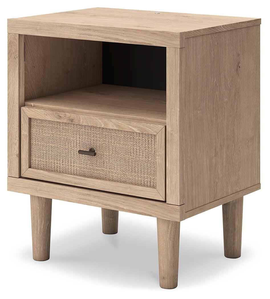 Drawer open showing faux linen lined interior of Cielden Nightstand