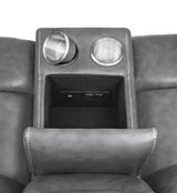 Conrad 2-piece grey upholstered motion sofa set with padded arms and contrasting stitching