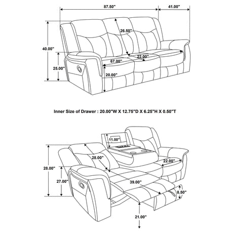 Conrad 2-piece grey upholstered motion sofa set with padded arms and contrasting stitching
