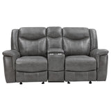 Conrad 2-piece grey upholstered motion sofa set with padded arms and contrasting stitching