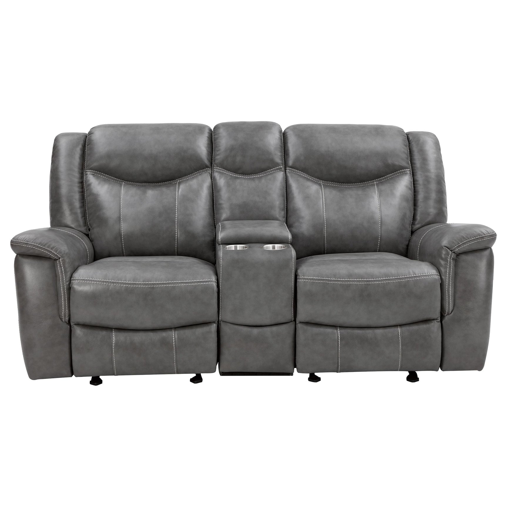 Conrad 2-piece grey upholstered motion sofa set with padded arms and contrasting stitching