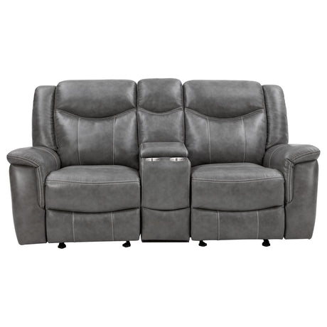 Conrad 2-piece grey upholstered motion sofa set with padded arms and contrasting stitching