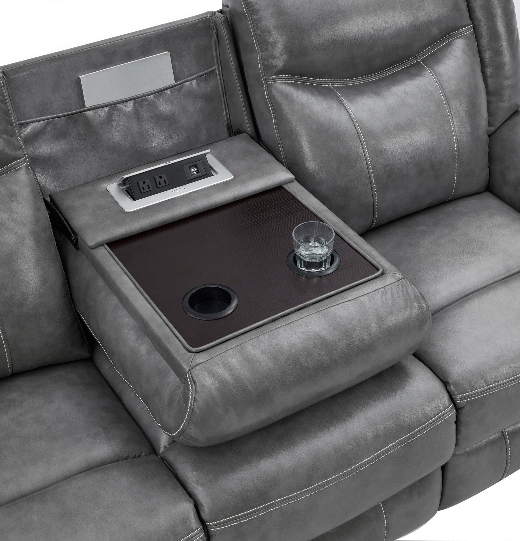 Conrad 2-piece grey upholstered motion sofa set with padded arms and contrasting stitching