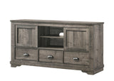 Coralee Gray TV Stand with storage doors and open shelves in living room