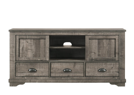Coralee Gray TV Stand with storage doors and open shelves in living room