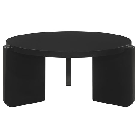 Cordova round solid wood black coffee table top view