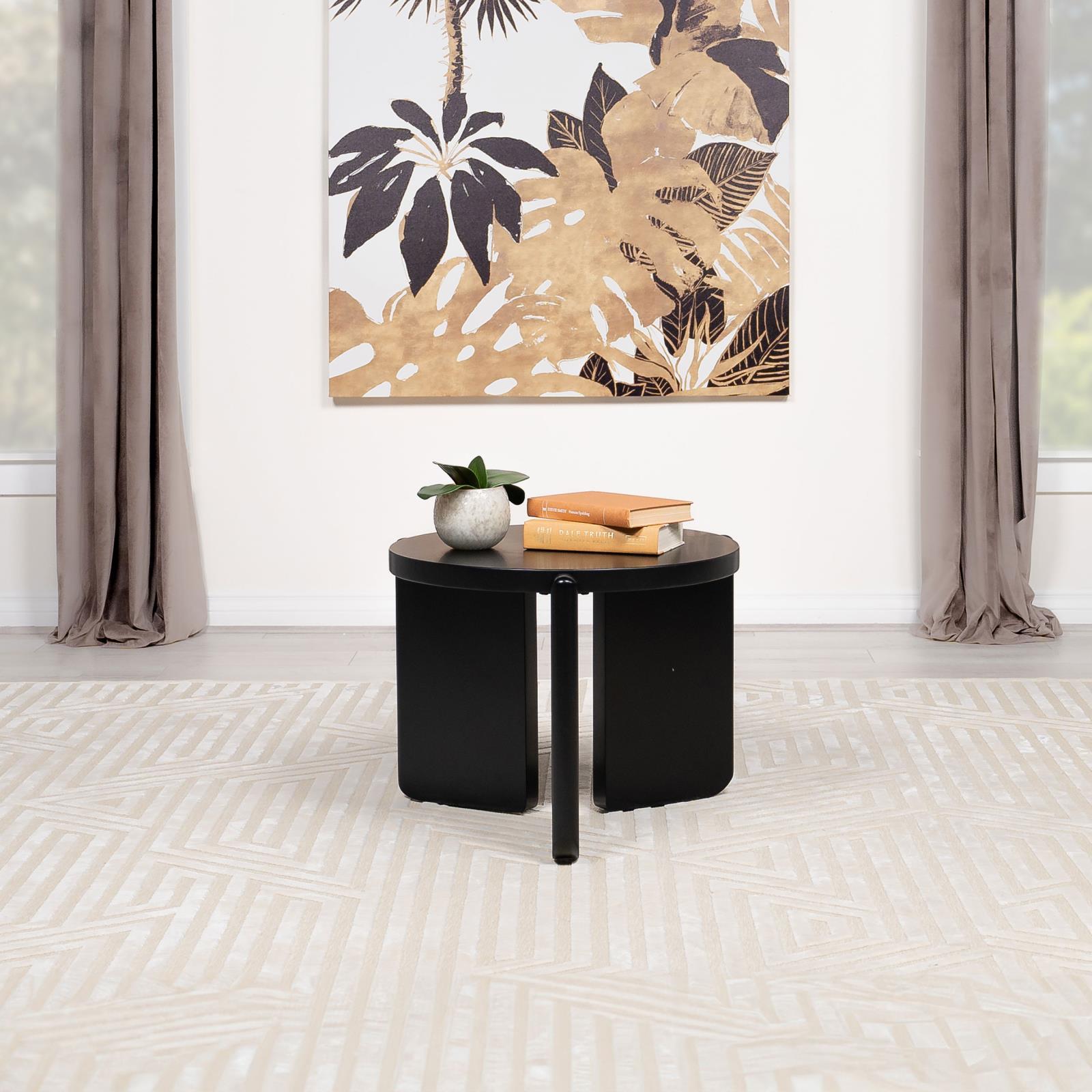 Cordova Round Solid Wood End Table Black, side angle highlighting wood finish