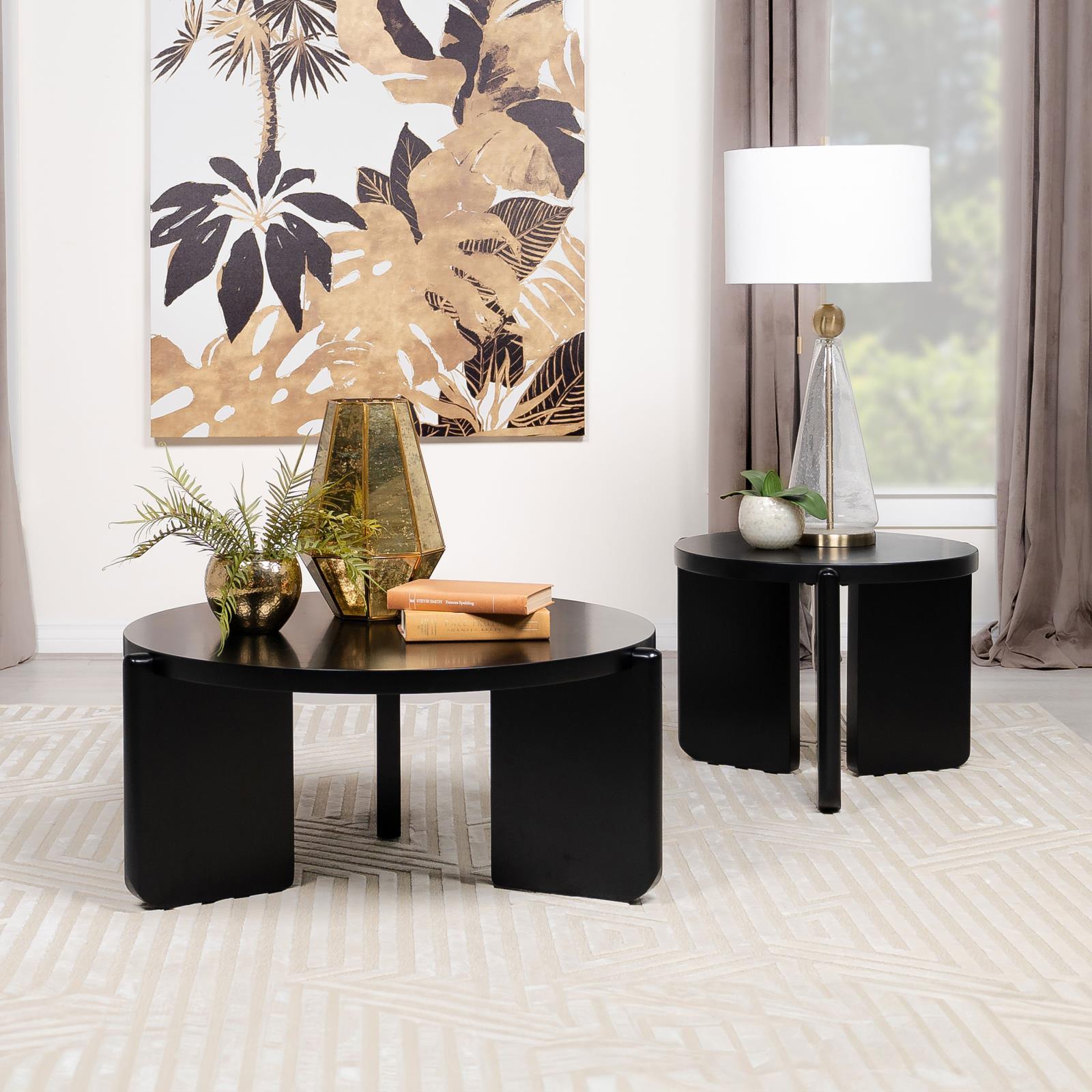 Cordova Round Solid Wood End Table Black, styled living room setting