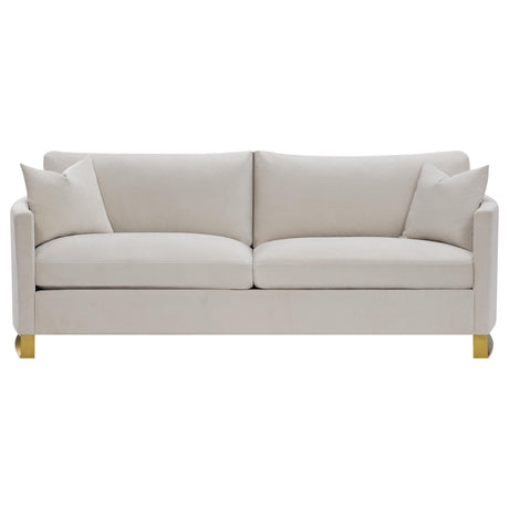 Detail of upholstery and arm design on Corliss Sofa Set beige