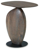 Cormmet accent table side angle showing wood grain and metal base